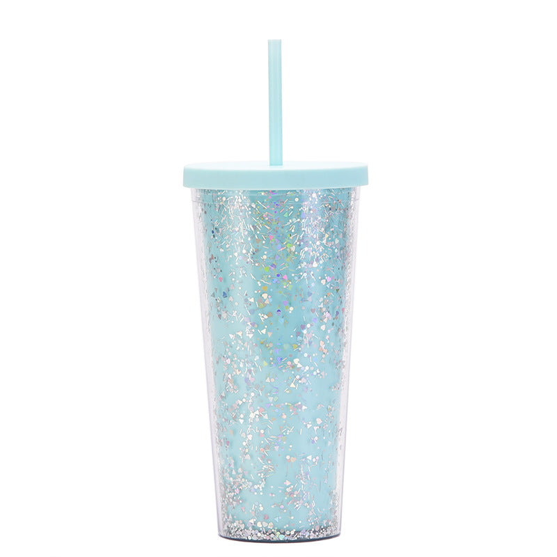 Wholesale  24OZ Double Layer Plastic Cup Sequins Glitter Creative Water Cup with Straw